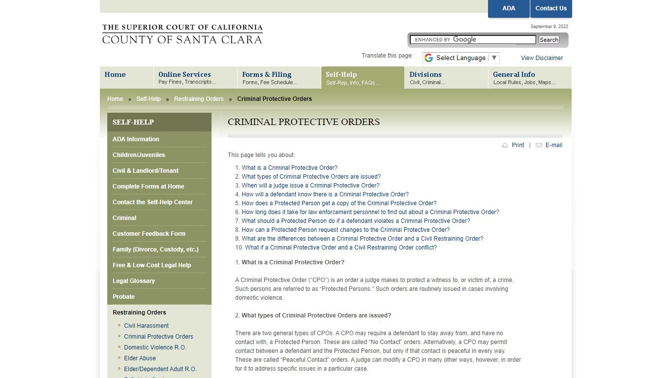 Criminal Protective Order - Superior Court of California